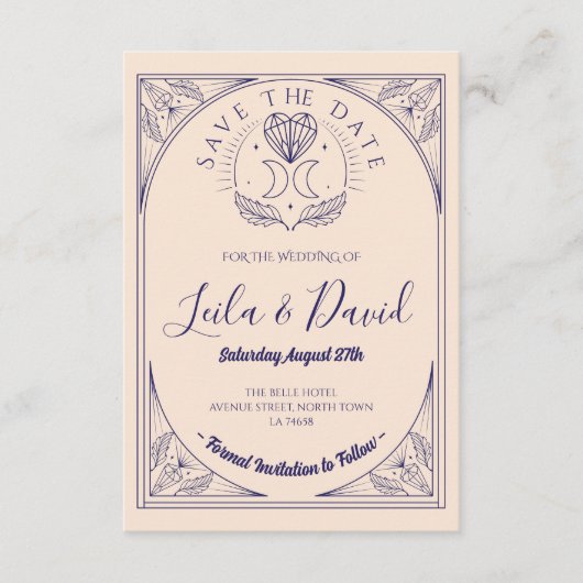 Bewaar de datum Tarot Moon Crystal Hearts Wedding Informatiekaartje (Voorkant)