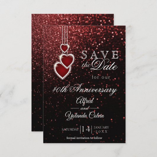 Bewaar de datum - Uitnodiging met rode glitter (Voorkant / Achterkant)