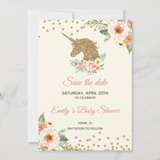 Bewaar de datum Unicorn Glitter Peach Gold Save The Date (Voorkant)