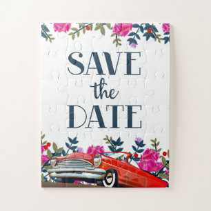 Bewaar de datum vintage rode auto legpuzzel