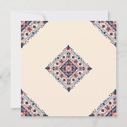 Bewaar de datum, volkskunst bloemrijk, rood wit en kaart (Achterkant)