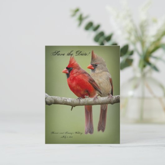 Bewaar de datum voor uw bruiloft / kardinaal paar aankondigingskaart (Staand voorkant)