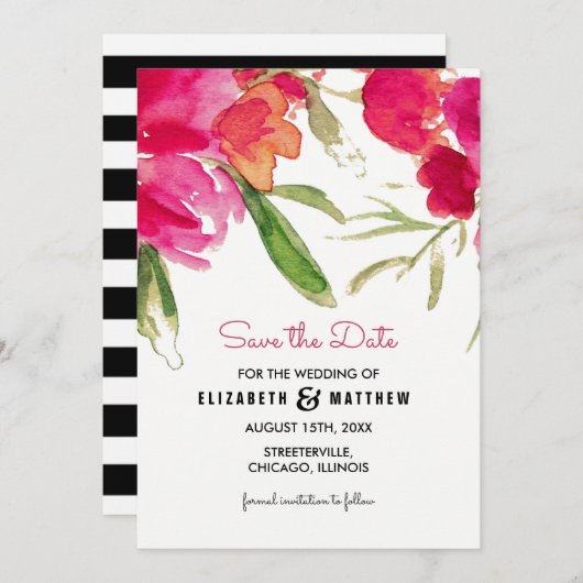 Bewaar de datum. Waterverf Fuchsia Bloemige Bruilo Save The Date (Voorkant / Achterkant)