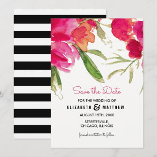 Bewaar de datum. Waterverf Fuchsia Bloemige Bruilo Save The Date