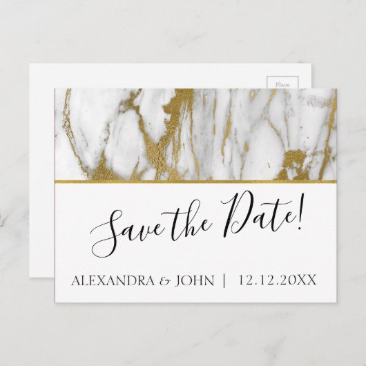 Bewaar de datum Wit en goud Elegant Marmer Briefkaart (Voorkant / Achterkant)