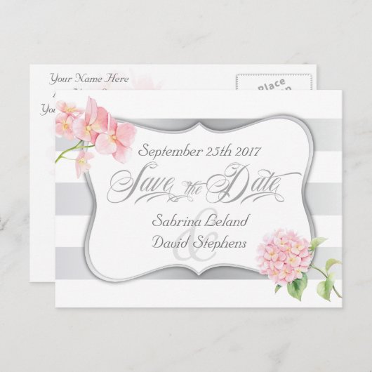 Bewaar de datum zilveren strepen en roze hortensia aankondigingskaart (Voorkant / Achterkant)