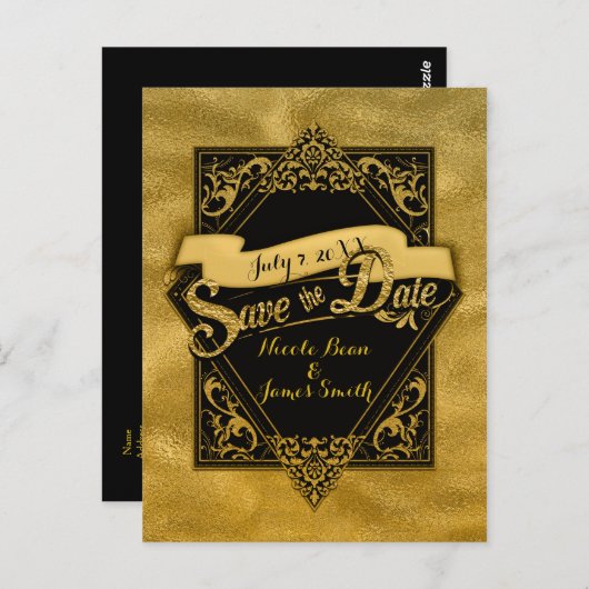 Bewaar de datum Zwart & Faux Gold Elegant Verlovin Briefkaart (Voorkant / Achterkant)