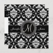 Bewaar de datum Zwarte Damast Monogram Aankondigin Save The Date (Voorkant / Achterkant)
