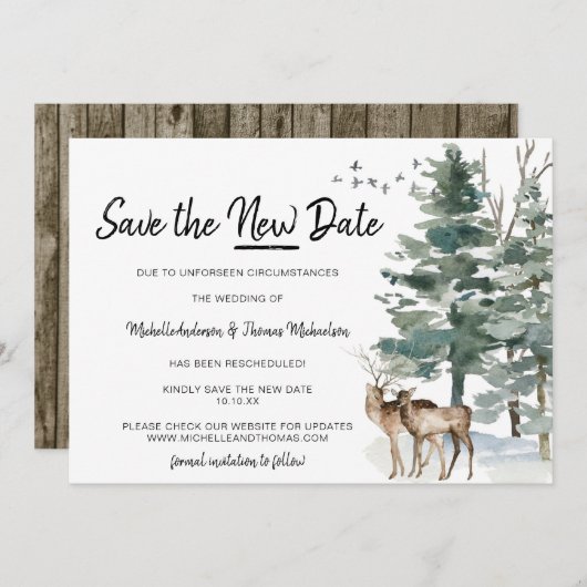 Bewaar het nieuwe datum bos bosgrond dennenboom save the date (Voorkant / Achterkant)