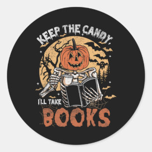 Bewaar het Snoep Ik neem boeken Skeleton Halloween Ronde Sticker