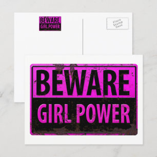 BEWARE Girl Power - Roze Black Metal Danger Sign Briefkaart