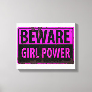 BEWARE Girl Power - Roze Black Metal Danger Sign Canvas Afdruk