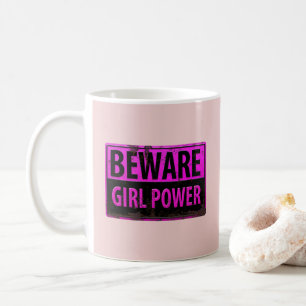 BEWARE Girl Power - Roze Black Metal Danger Sign Koffiemok
