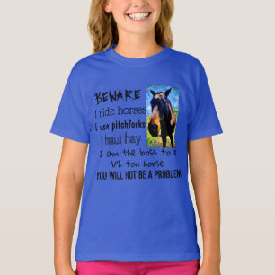 BEWARE - I RIDE HORSES - GIRL Blue T-shirt