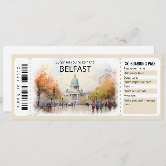 Bewerkbaar Belfast Vliegticket, Ierland Trip Kaart (Voorkant / Achterkant)