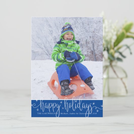 Bewerkbaar blauw | Prettige feestdagen White Scrip Feestdagenkaart (Staand voorkant)