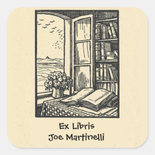 Bewerkbaar boek door een venster ex libris boekenp vierkante sticker