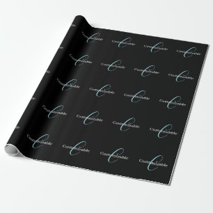 Bewerkbaar Cursief Script Monogram Zwart Blauw Wit Cadeaupapier