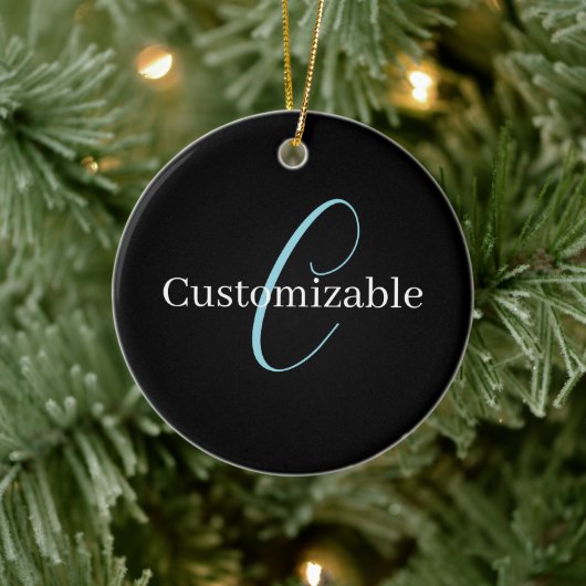Bewerkbaar Cursief Script Monogram Zwart Blauw Wit Keramisch Ornament (Boom)