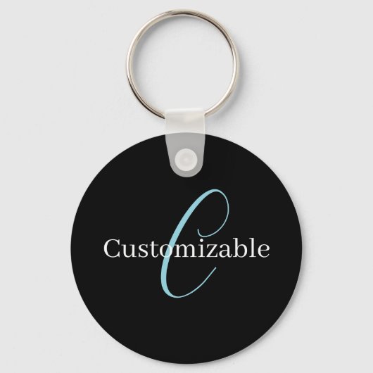 Bewerkbaar Cursief Script Monogram Zwart Blauw Wit Sleutelhanger (Voorkant)