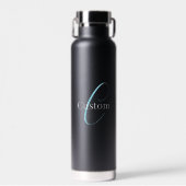 Bewerkbaar Cursief Script Monogram Zwart Blauw Wit Waterfles (Voorkant)