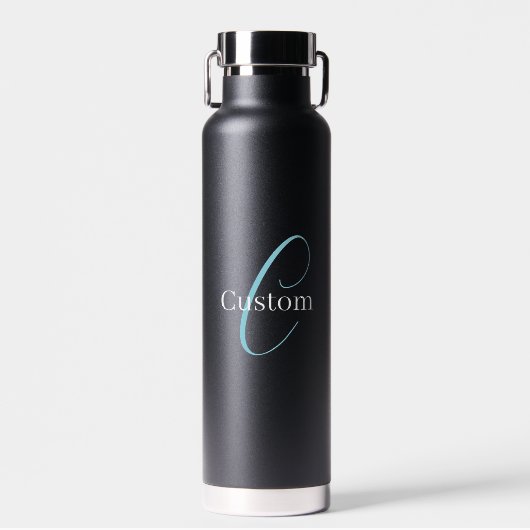 Bewerkbaar Cursief Script Monogram Zwart Blauw Wit Waterfles (Voorkant)
