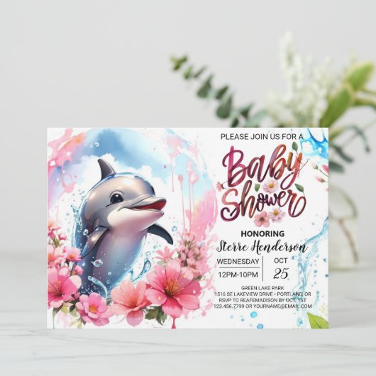 Bewerkbaar Dolphin Girl Baby shower Kaart (Staand voorkant)
