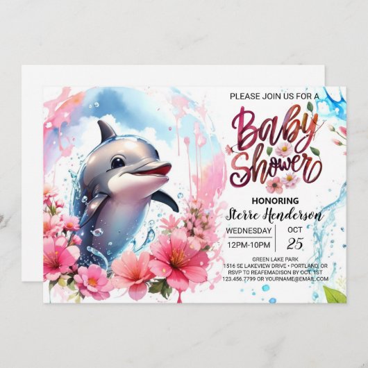 Bewerkbaar Dolphin Girl Baby shower Kaart (Voorkant / Achterkant)