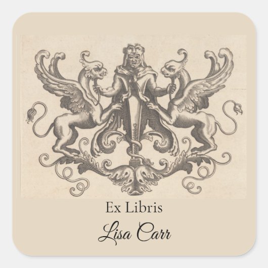 Bewerkbaar Man en twee Griffins boekenplank Vierkante Sticker (Voorkant)