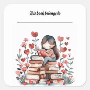 Bewerkbaar meisje met harten en stapel boeken vierkante sticker