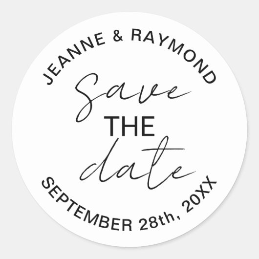 Bewerkbaar Modern Bewaar de datum Bruiloft Aankond Ronde Sticker (Voorkant)