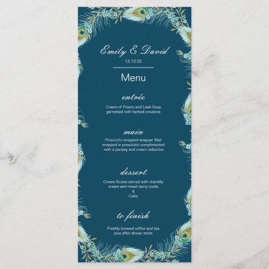 Bewerkbaar Pauw Menu, Trouw Menu, Baby Shower Menu (Voorkant)