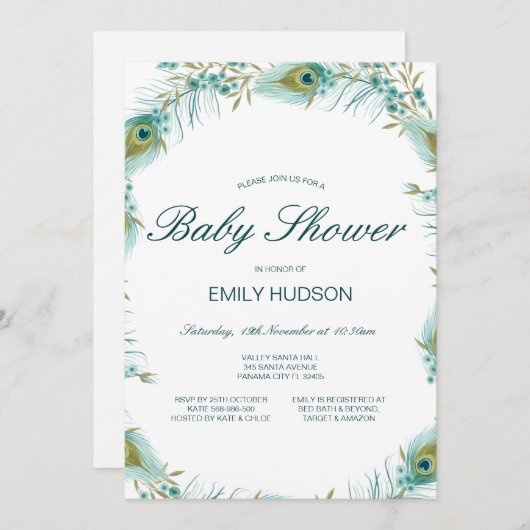 Bewerkbaar Pauw Thema Baby Shower Kaart (Voorkant / Achterkant)