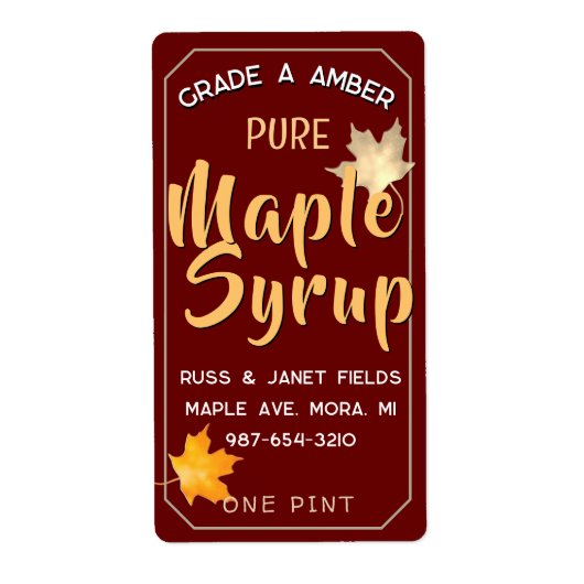 bewerkbaar PURE MAPLE STROOP kruik label met blade (Voorkant)