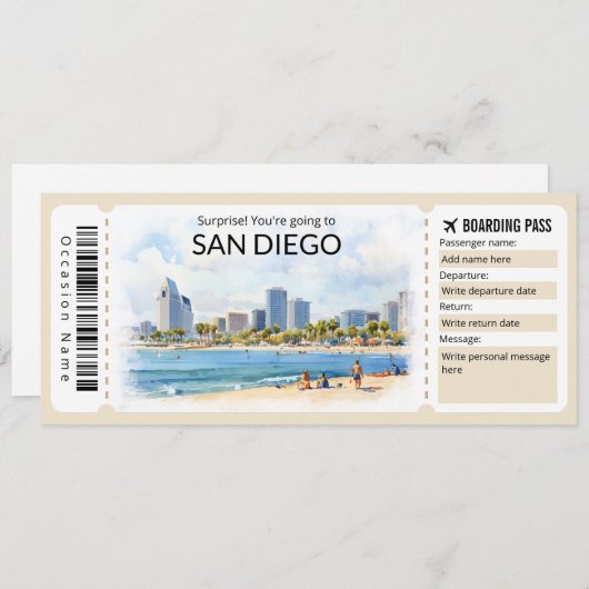 Bewerkbaar San Diego Vliegticket, Californië Trip Kaart (Voorkant / Achterkant)