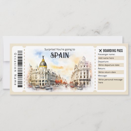 Bewerkbaar Spanje Vliegticket, Spanje Trip Kaart (Voorkant)