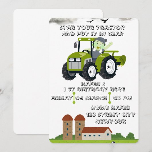 Bewerkbaar Start uw tractor 1e verjaardag Animatie Kaart (Voorkant / Achterkant)