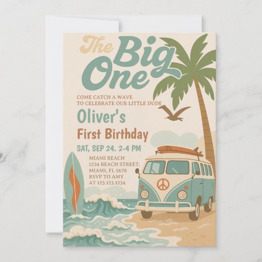 Bewerkbaar The Big One Surfing 1st Birthday Kaart (Voorkant)