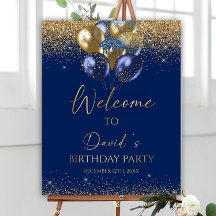 Bewerkbaar verjaardagswelkomstbord, blauwe en goud