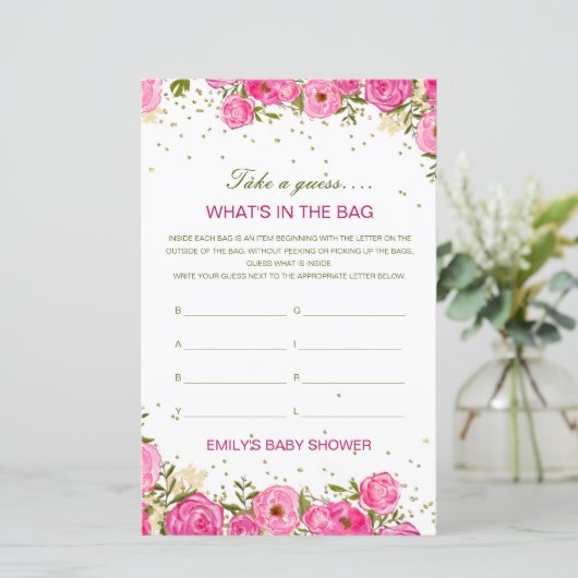 Bewerkbaar wat is er in het Bag Baby shower Game (Staand voorkant)