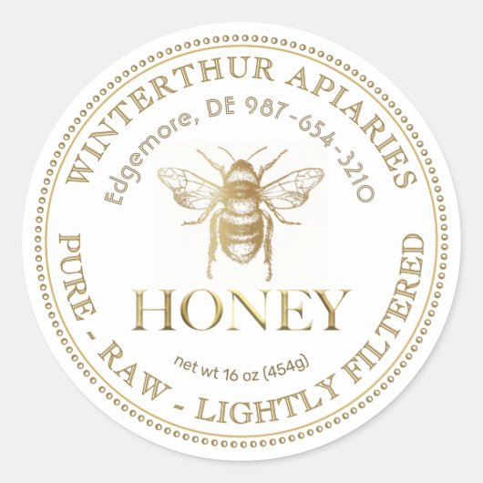 Bewerkbaar White Honey Jar Label met Gold Bee (Voorkant)