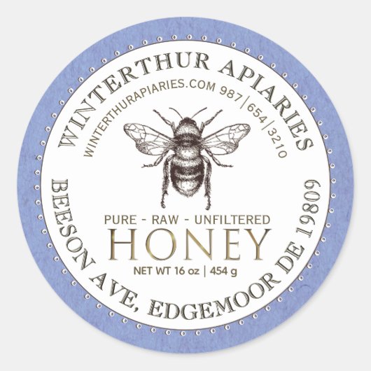 Bewerkbaar Wit Blauw Kraft Honey Jar Bee Label (Voorkant)
