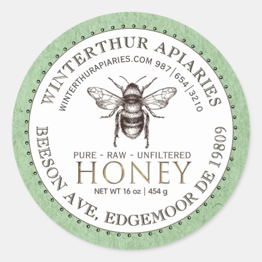 Bewerkbaar Wit Groen Kraft Honey Jar Bee Label (Voorkant)