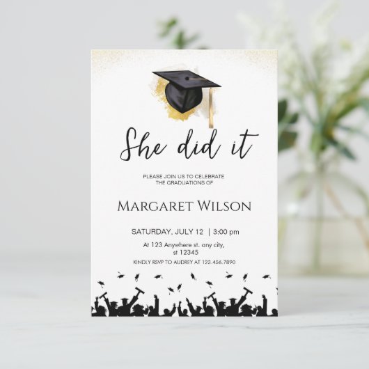 Bewerkbaar Ze deed het Afstuderen Uitnodiging (Staand voorkant)