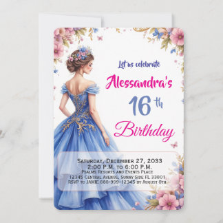 Bewerkbare 16e Blauwe Jurk Bloemrijke Elegante Ver Kaart
