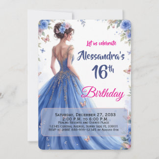 Bewerkbare 16e blauwe jurk bloemrijke elegante ver kaart