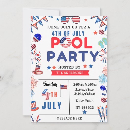Bewerkbare 4 juli Pool Party Independence Day Kaart (Voorkant)
