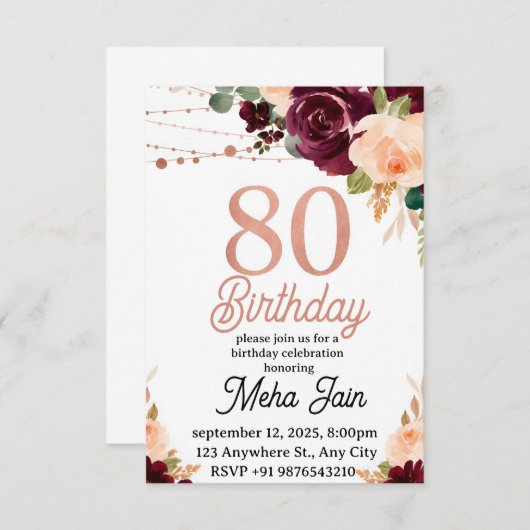 Bewerkbare 80e Verjaardag Uitnodiging voor Vrouwen (Voorkant / Achterkant)