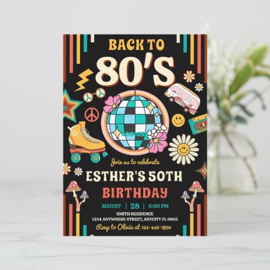 Bewerkbare 80s verjaardagsfeestje uitnodiging Teru (Staand voorkant)