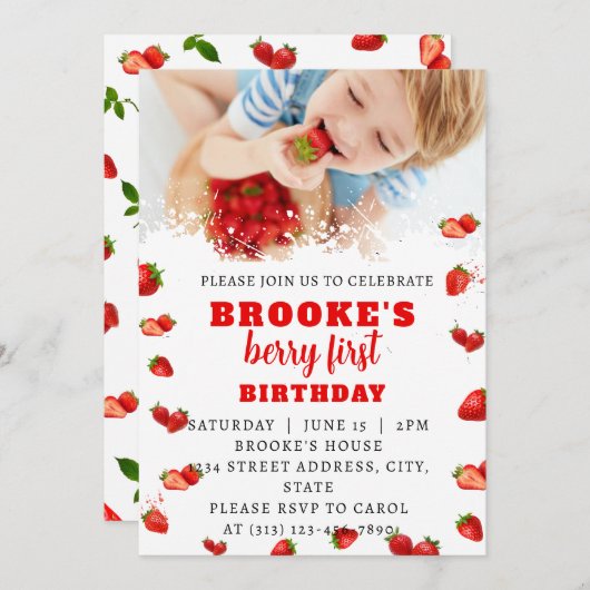 Bewerkbare aardbei 1e verjaardagsuitnodiging kaart (Voorkant / Achterkant)